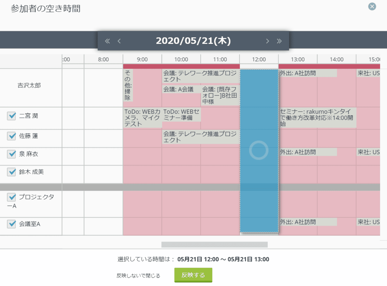 rakumo カレンダー 空き時間確認画面でスライダーを動かし、全員の予定が空いていれば「○」、空いてなければ「△」と表示