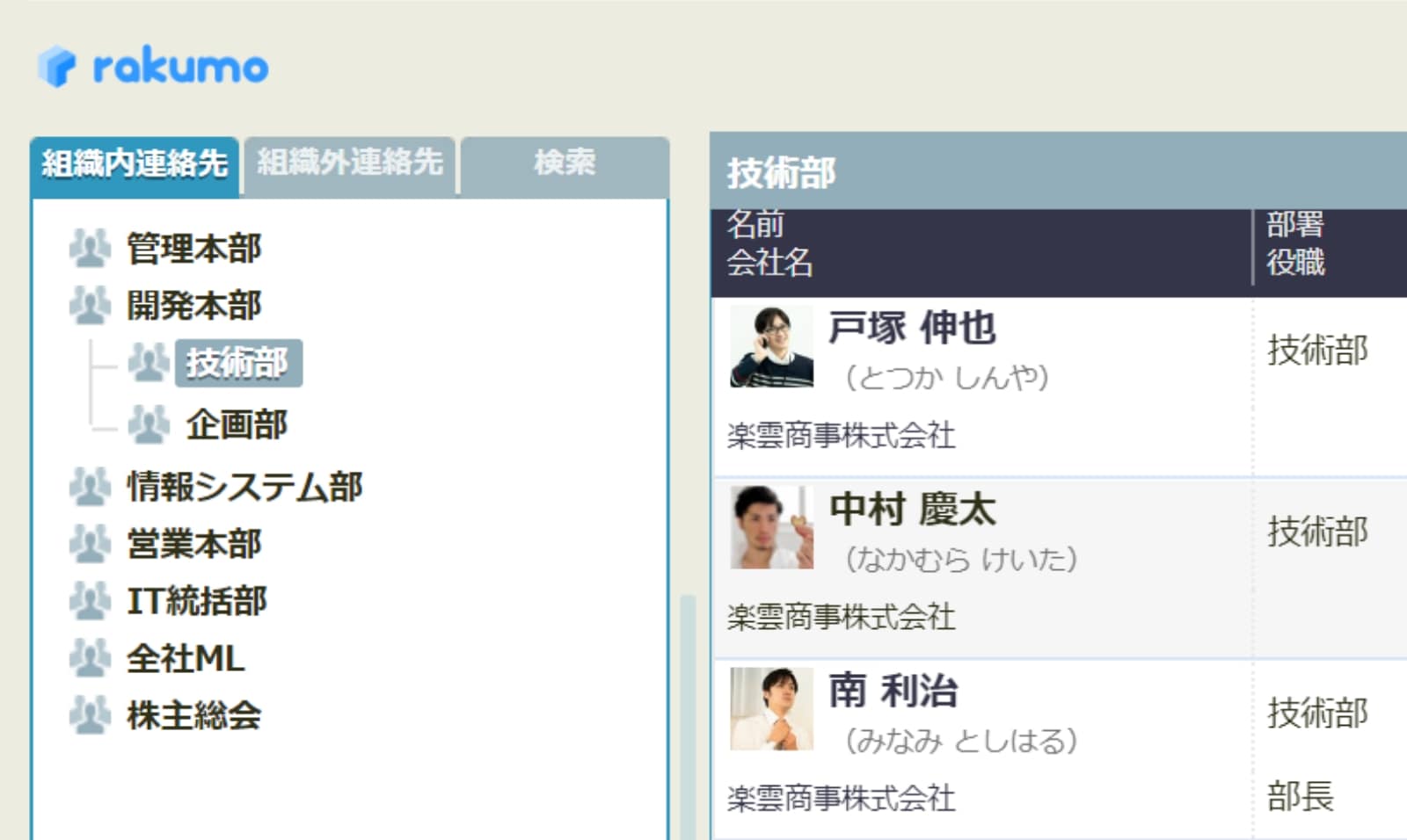 rakumo コンタクト 組織内連絡先の組織ツリー表示とプロフィール写真表