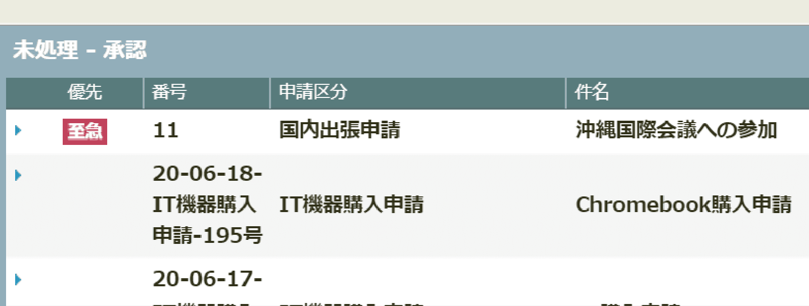 rakumo ワークフロー 申請書一覧画面での「至急」表示イメージ