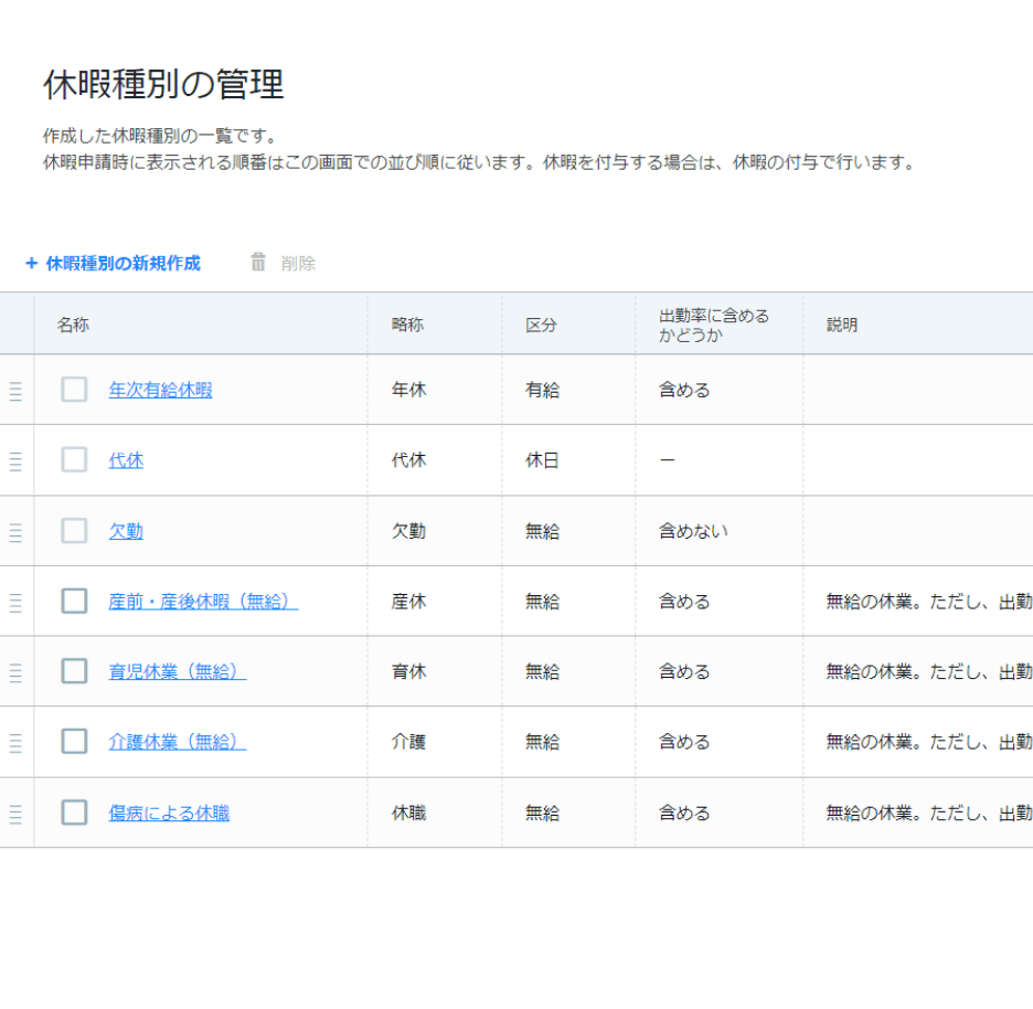 rakumo キンタイ 休暇種別の管理画面