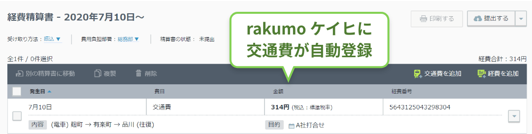 rakumo ケイヒへの交通費自動登録画面