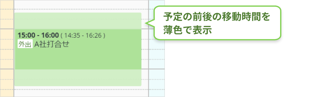 rakumo カレンダー 移動前後時間の自動ブロック表示