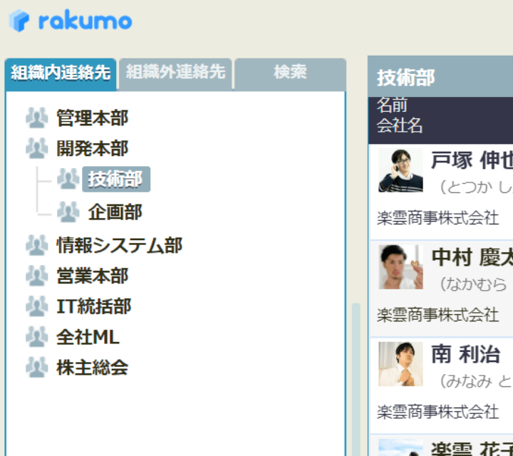 rakumo コンタクト 階層ツリーとプロフィール写真表示画面
